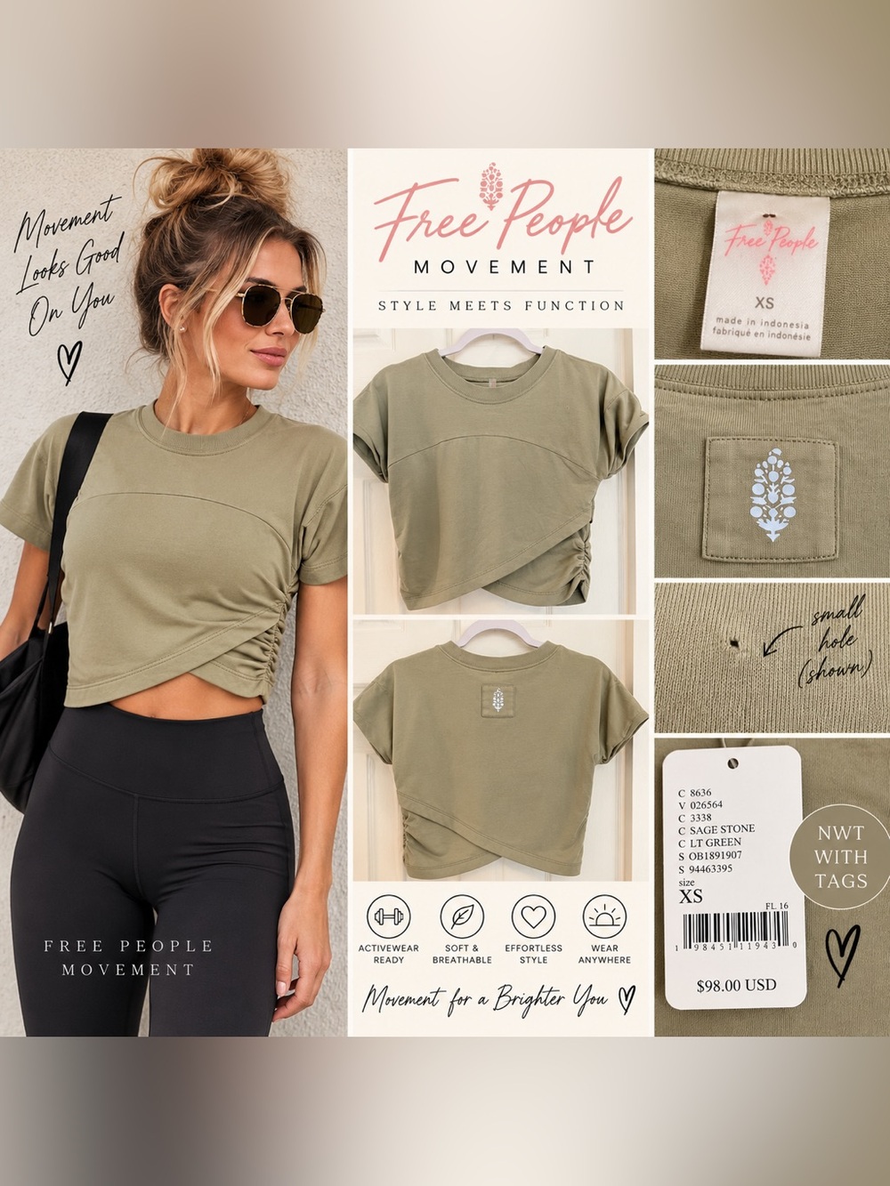 Free People Movement Sage Stone Ruched Crop Top XS NWT $98